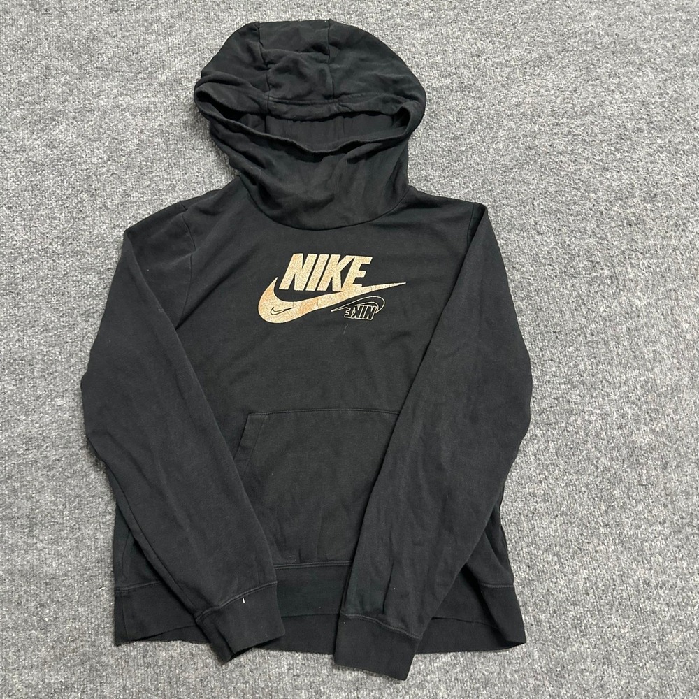 Nike Hoodie Womens Size M Black Viscose Gold Foil Logo Pullover Sweatshirt